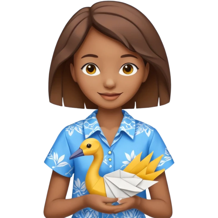 happy-african-young-girl-with-brown-hair-in-a-white-colorful-vintage-kanga-shirt-holds-an-origami-yellow-and-blue-crane emoji