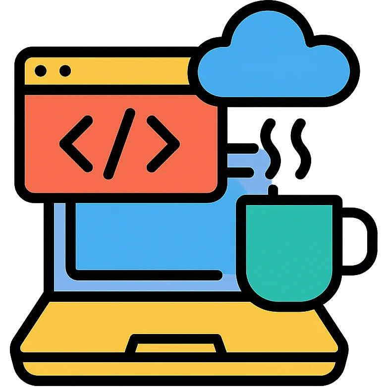 toolkit for a full-stack web developer, featuring a laptop, code editor, coffee mug, and cloud icon, modern color icon style emoji