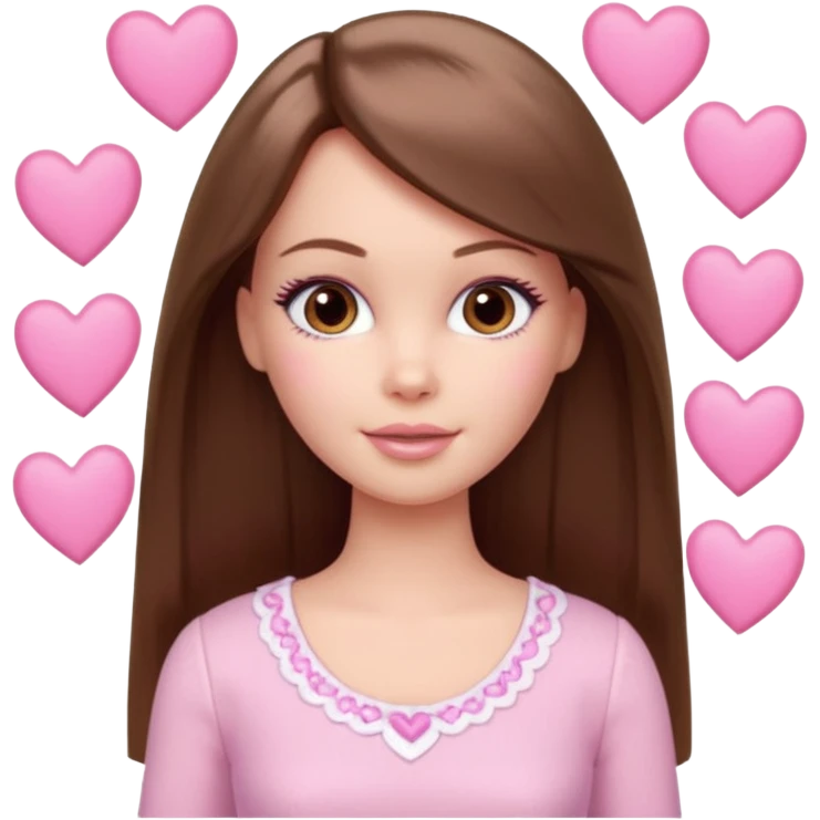 Barbie girl and  makeup , brown straight hair and brown eyes is In pale pink clothes There are pink hearts all around emoji