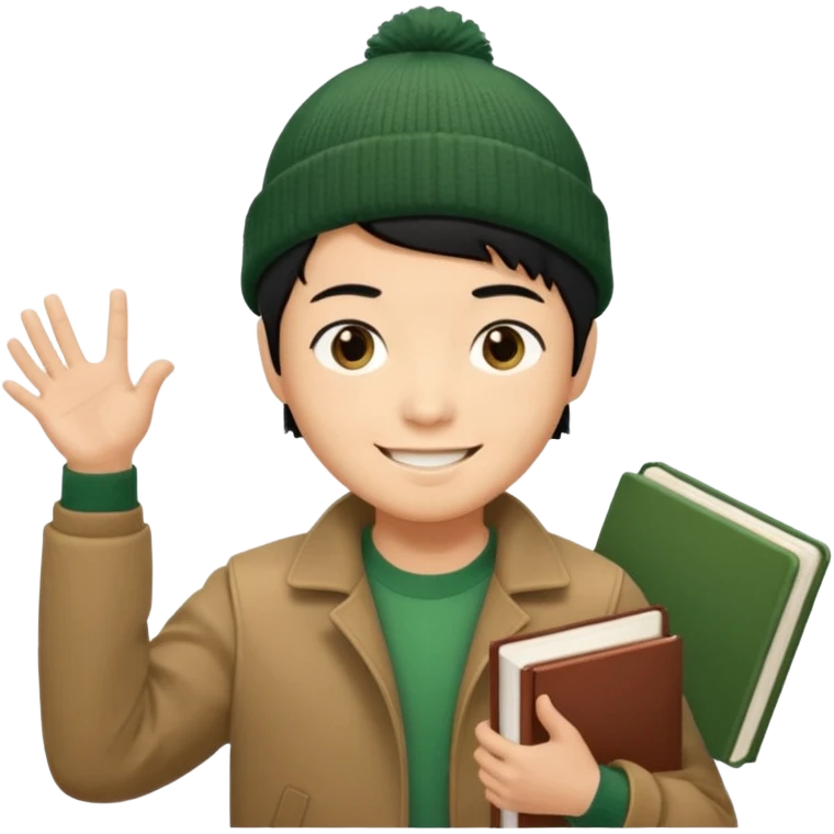 asian, tan skin, non binary asian man with pixie cut black hair, wearing brown jacket and dark green beanie, smiling , holding up books  emoji