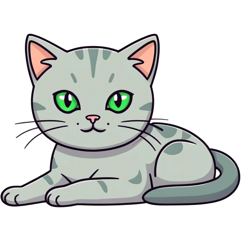 Grey cat with green eyes laying down emoji