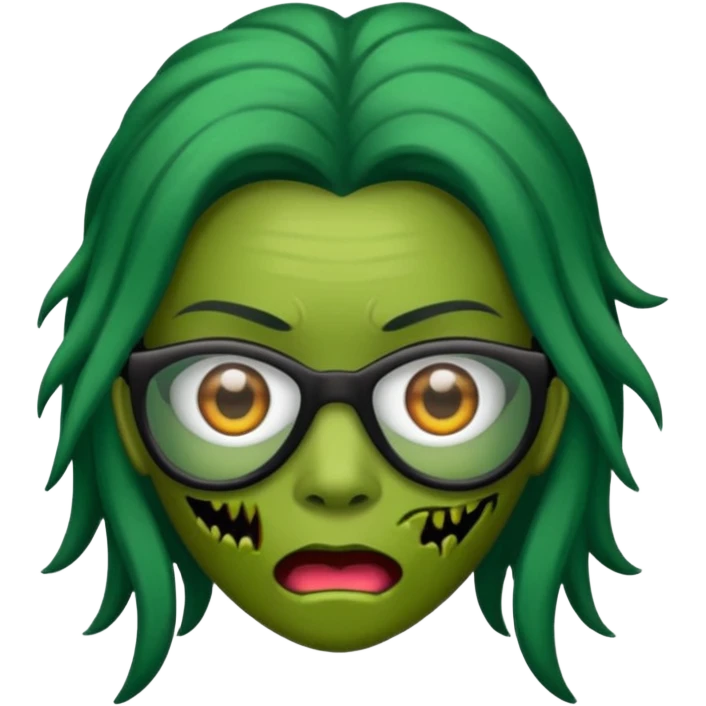 crie um emoji de zumbi feminino, com pele verde, óculos preto e cabelo longo preto emoji
