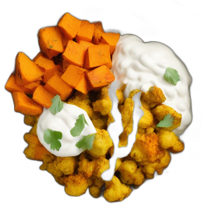Curried Cauliflower and Sweet Potato Bowls with Cumin Yogurt emoji