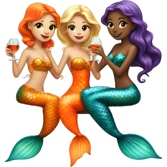 Three beautiful mermaids (light skin) drinking aperol emoji