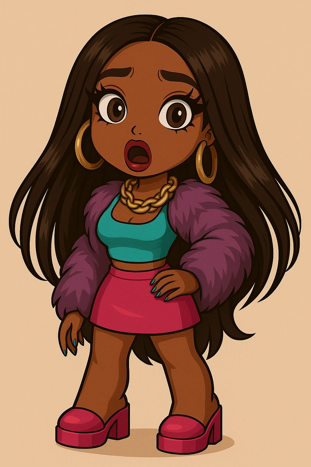 Remove any tears or crying, keep her shocked expression. Depict a 20-year-old anime Bratz style woman with dark skin, dark hair, glamorous evening wear, big expressive eyes, and glossy lips. emoji