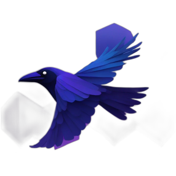An abstract, geometric representation of a raven in flight, in hues of blue and purple emoji
