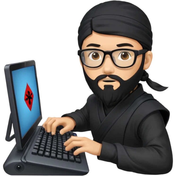 Man with black hair and beard wearing glasses in a ninja costume. Keep the top left version, make the beard longer and replace the sword on his back with a computer keyboard  emoji