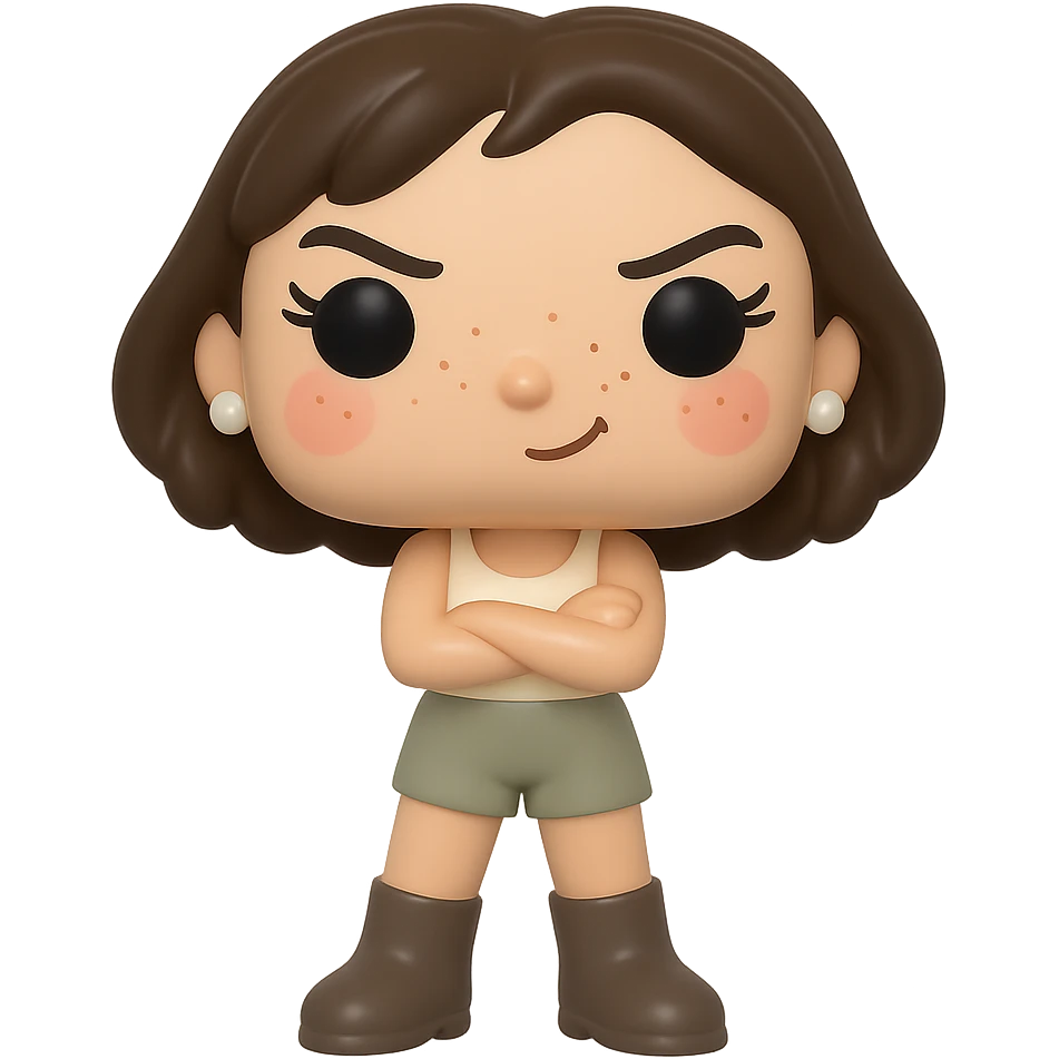 Create a Funko Pop style vinyl figure inspired by the reference image. The figure should have a cream-colored tank top, greige shorts, dark greige mid-calf Santiago boots, messy dark brown bob haircut, small freshwater pearl earrings, rosy cheeks, light freckles, three eyelashes on each eye, and a mischievous expression with arms crossed. The background should be transparent. No other accessories included. emoji