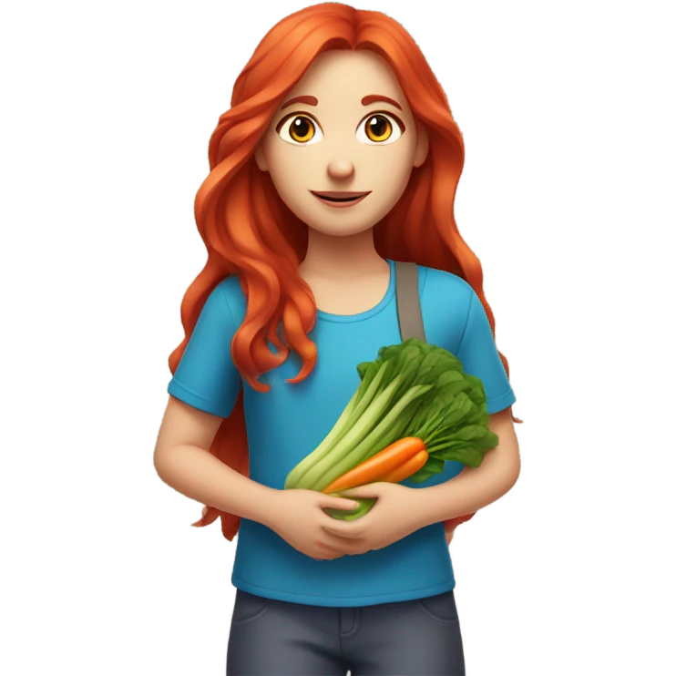 Girl with blue eyes long red hair holding vegetables emoji