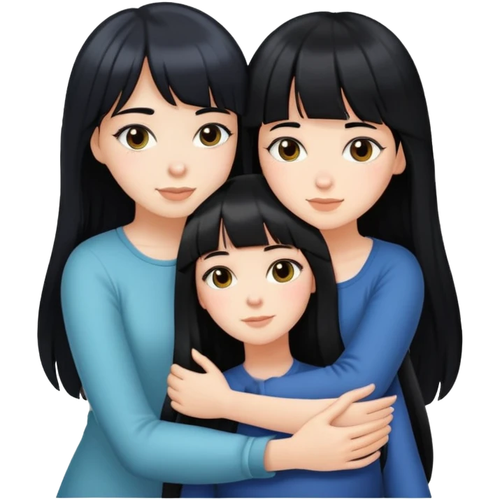 two white girls with long black hair hugging, one girl has bangs emoji