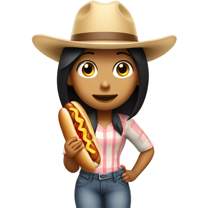 Girl with black hair ancowboy hat eating a hot dog emoji
