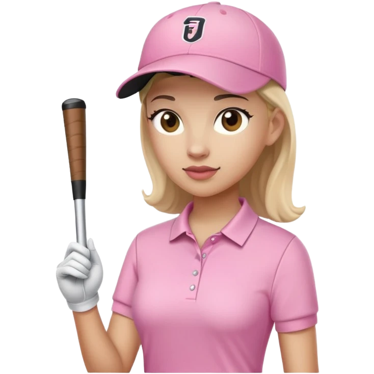 A female golfer with a pink polo shirt, a black skirt, and a white baseball cap. emoji