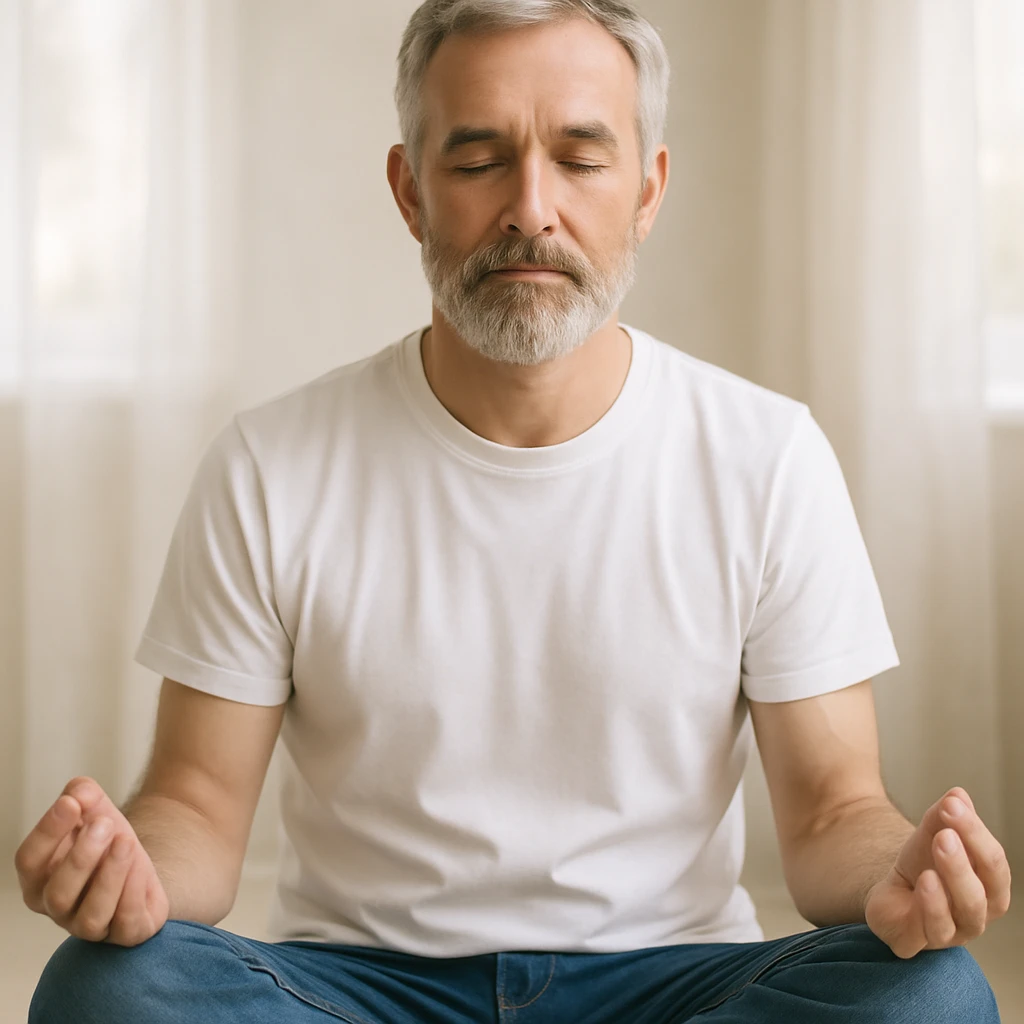 bearded white man with grey hair, meditating, dressed in white t-shirt and blue jeans, serene mood emoji