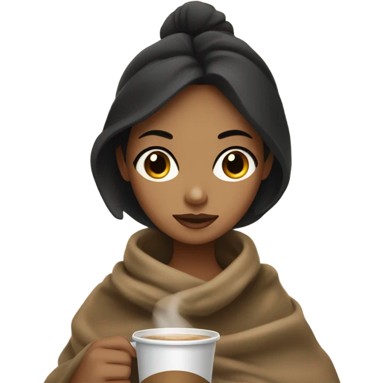 Tan girl with dark hair dark eyes drinking coffee with a blanket around her  emoji