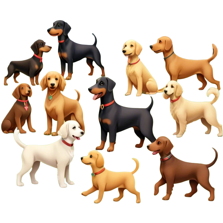 Collage of various dog breeds like Doberman, Poodle, Dachshund, and Golden Retriever, playing in a park with trees and grass. Some dogs run, others sit, all are full of energy and happiness. A joyful, colorful scene with playful expressions. Transparent background. emoji