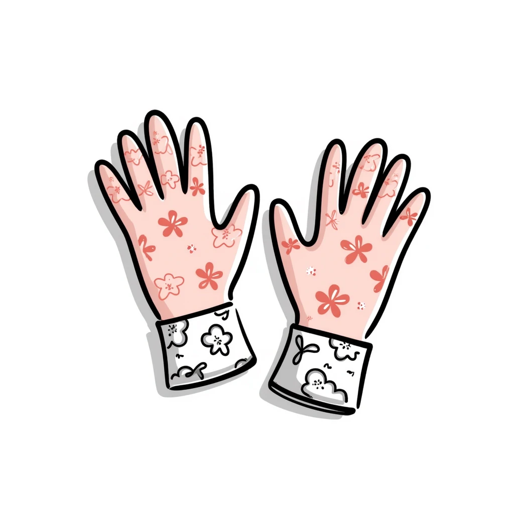 Garden gloves with floral pattern in pastel colors (dd9fb0, ffc6d3, a3bfc9, c4bee2, f1b091), hand-drawn doodle style emoji
