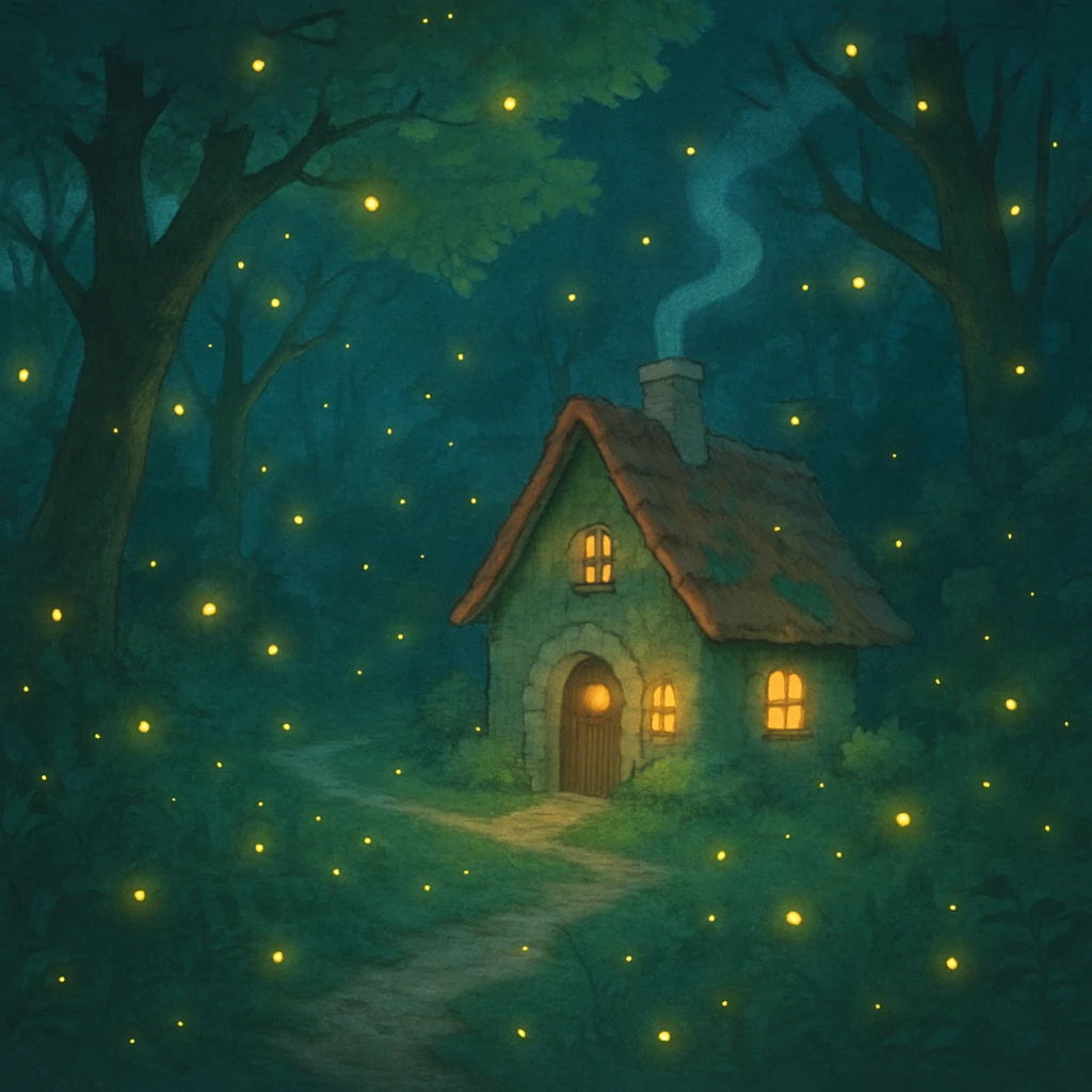 whimsical forest scene with glowing fireflies and a small cottage emoji