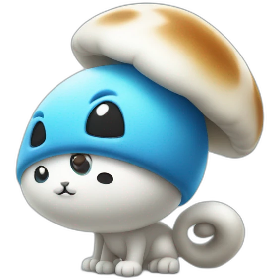 Blue smurf cat with large black eyes wearing a large white mushroom on his head casting a show on his face with a neutral face emoji