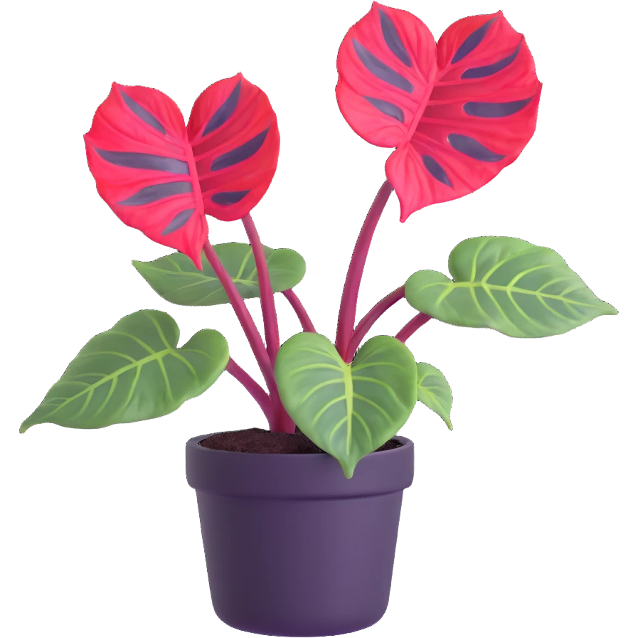 Alocasia azlanii (Red Mambo) plant with heart-shaped leaves in purple and dark green with red veins, in black ceramic pot emoji