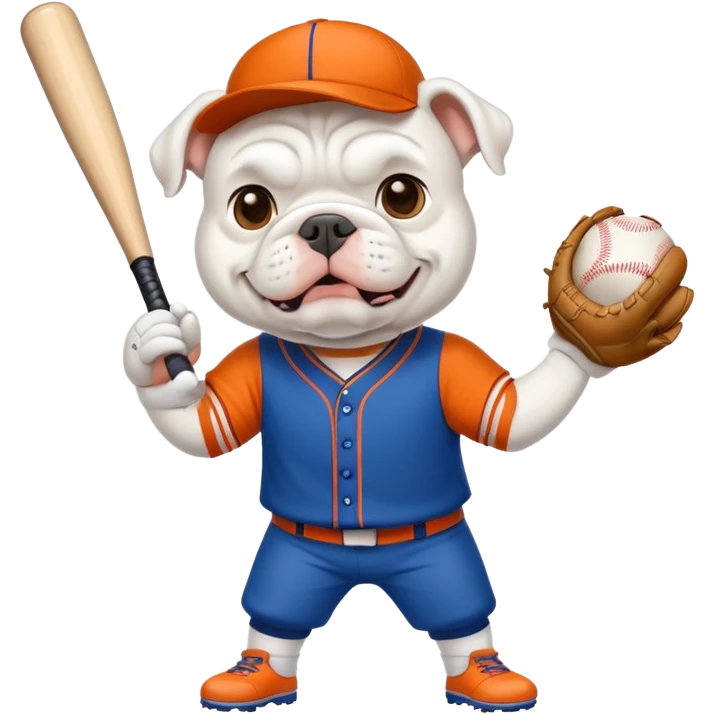 WHITE Bulldog playing baseball, blue orange clothing emoji