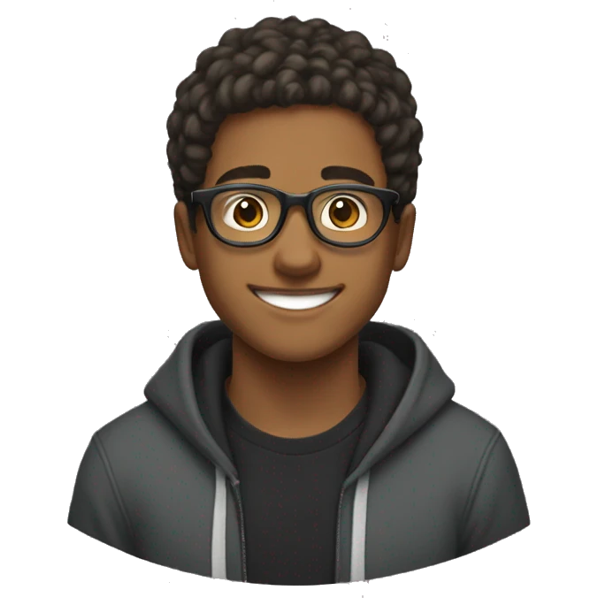 Entrepreneurial 20-year-old boy with black sweatshirt, circular glasses, smiling and straight hair emoji