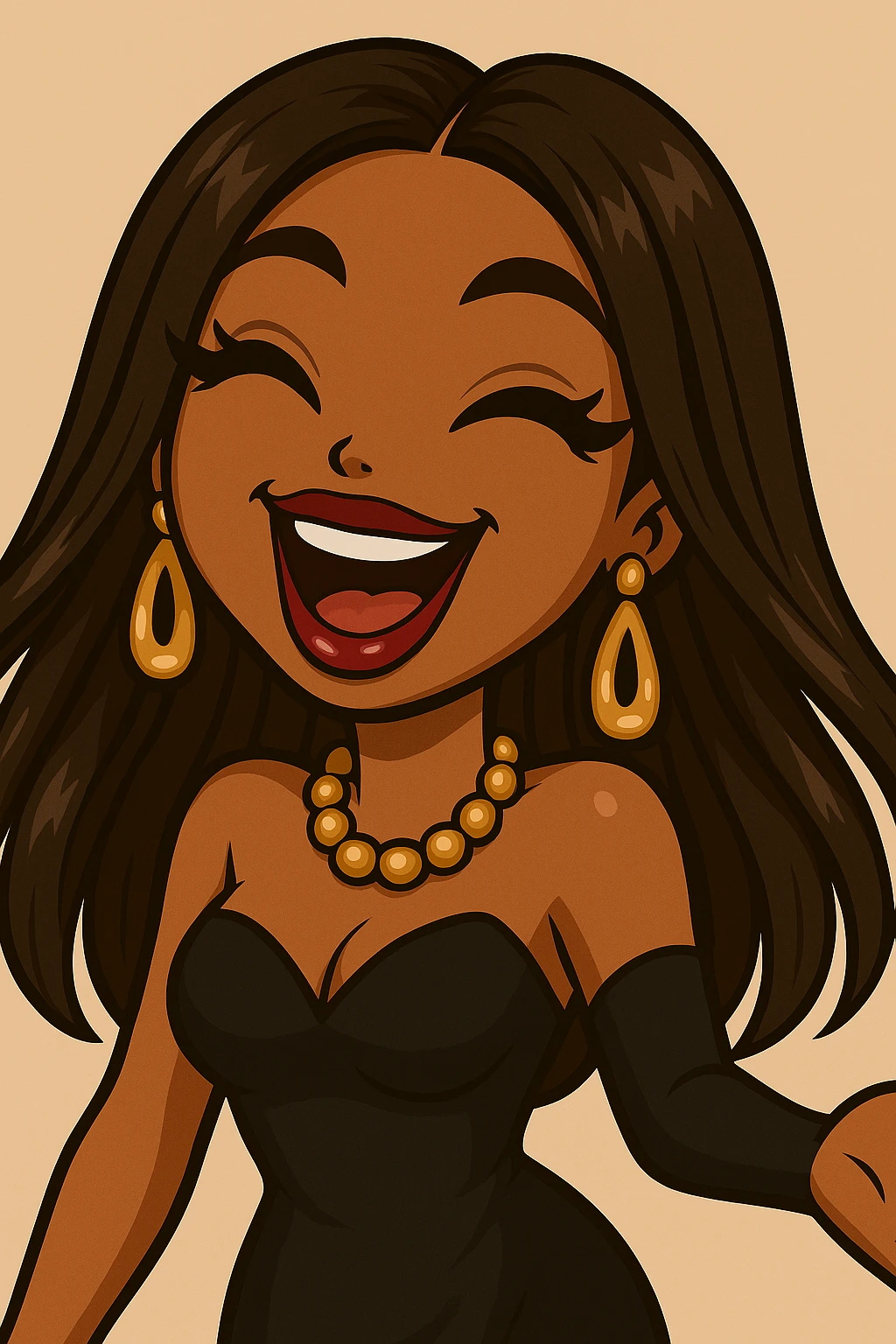 Headshot of a 20-year-old anime Bratz style woman with dark skin, straight hair, laughing uncontrollably, big expressive eyes, glossy lips, glamorous evening wear, no hat, no tears. emoji