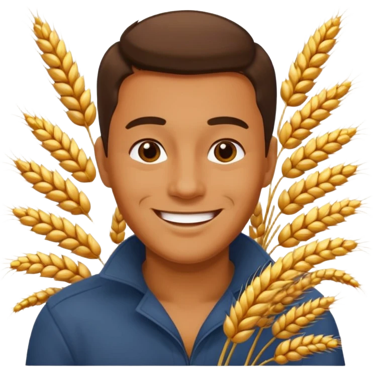 man happy satisfied with wheat and grain floating arround emoji