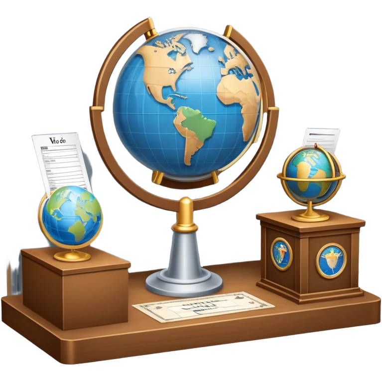 An icon featuring a podium with a speaker, a ballot box with a voting slip, and a globe, symbolizing political science. The design includes scales of justice and a world map in the background, representing governance and global politics. Transparent background highlights political analysis. emoji