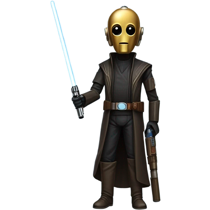 tough well-equipped jedi first order human-sized darkblue-pearl C3po as a friendly bounty hunter droid wearing a leather attire old west duster coat holding light saber ready  emoji