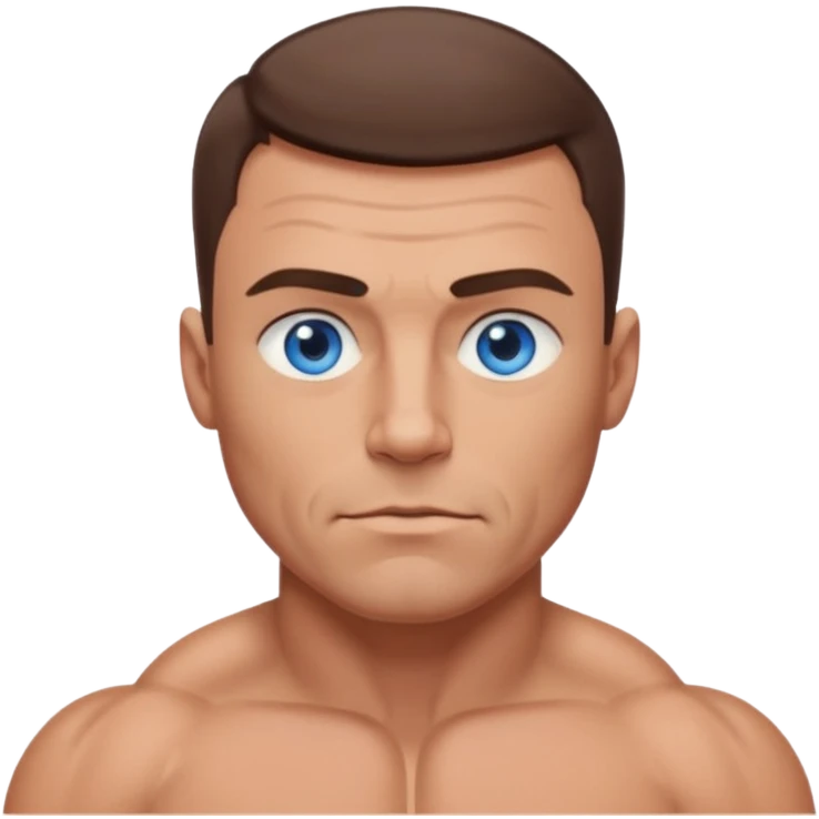 dad with very short shaved brown hair and blue eyes emoji with big muscles emoji