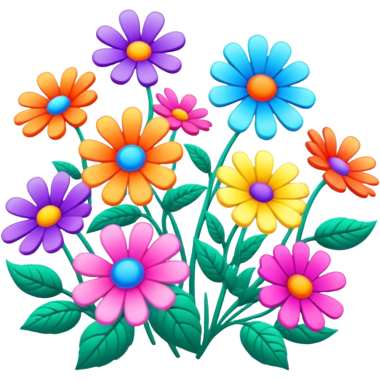 3D, psychedelic colored hippie style flowers in a line  emoji