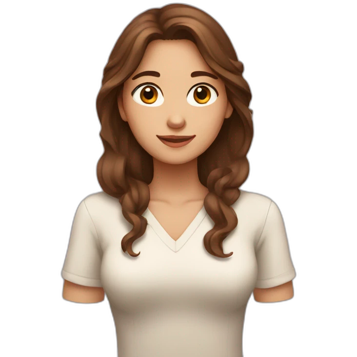 brown-haired woman with long hair, brown eyes, depicting a heart with her hands emoji
