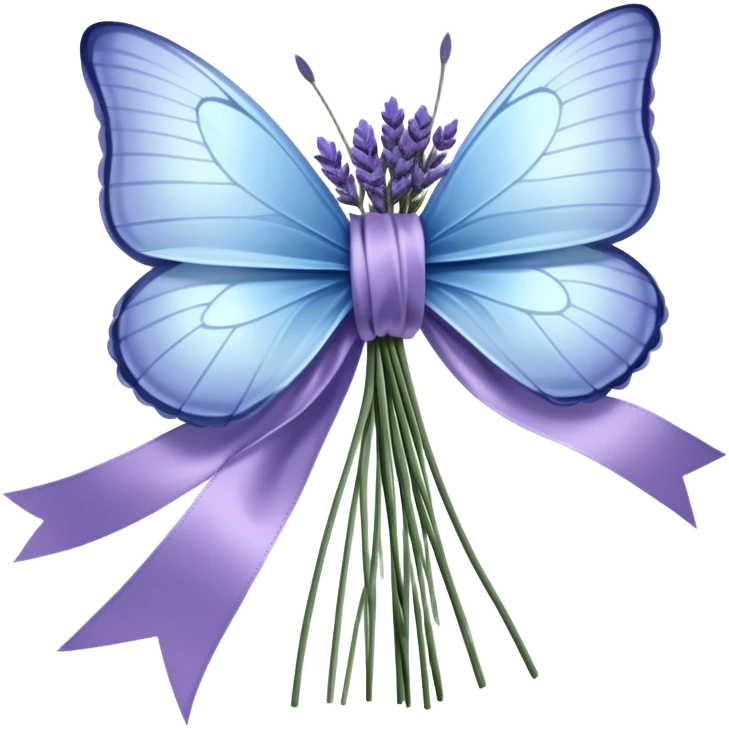 A luxurious satin bow in soft ivory is carefully tied around a bouquet of dried lavender, its delicate texture contrasting with the smooth silk. A single pale blue butterfly with translucent wings perches atop the bow, as if drawn to its quiet beauty. Another butterfly hovers nearby, casting intricate shadows over the fabric folds. emoji