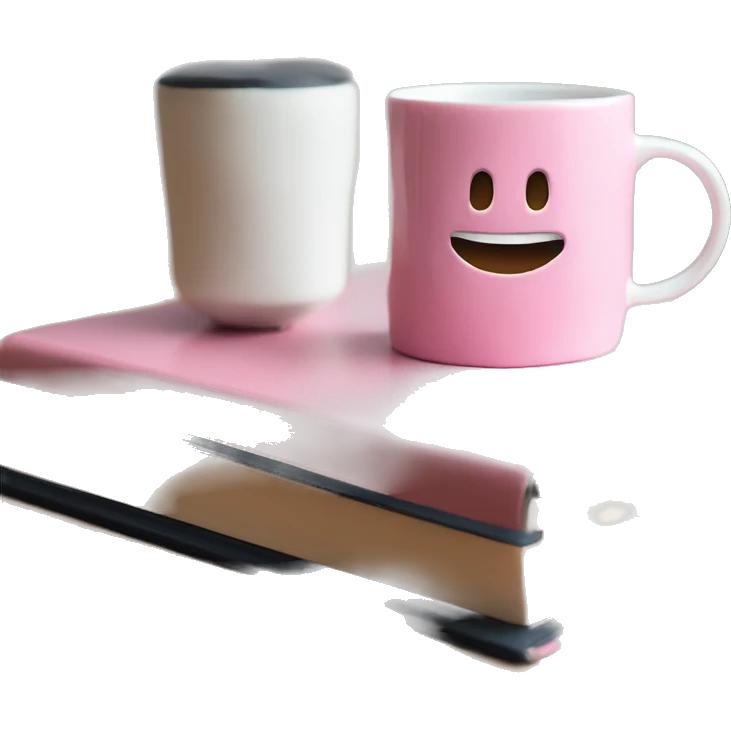 a white coffee mug is standing on a pink book emoji