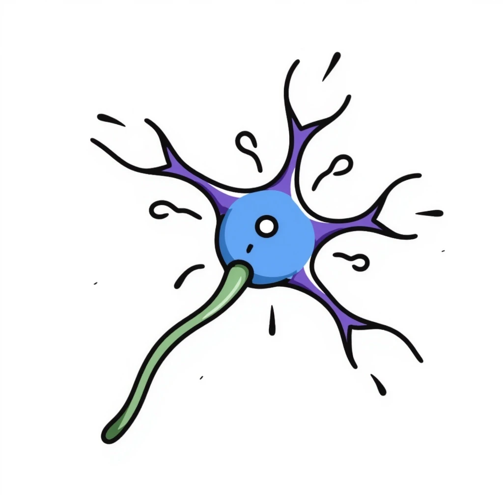 doodle-style scientific neuron with blue soma, purple dendrites, green axon with myelin, surrounded by a radiant, shield-like protective aura, hand-drawn, detailed illustration emoji