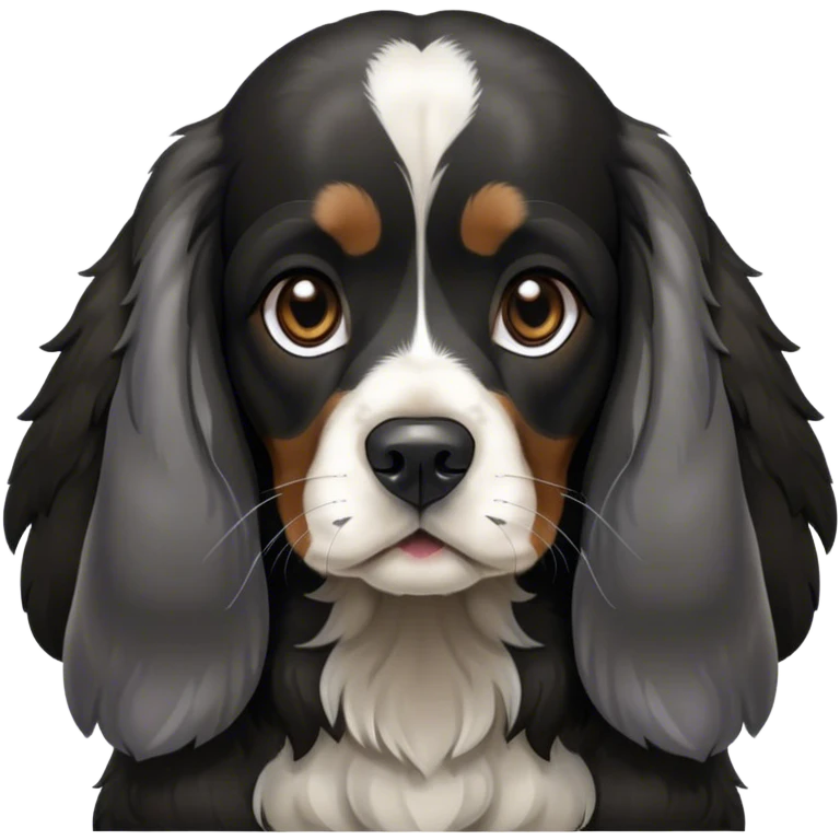 english cocker spaniel black and dark silver with long ears and sitting  emoji
