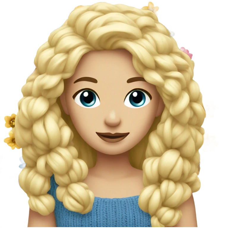 beautiful blonde woman with blue eyes knitting flowers emoji