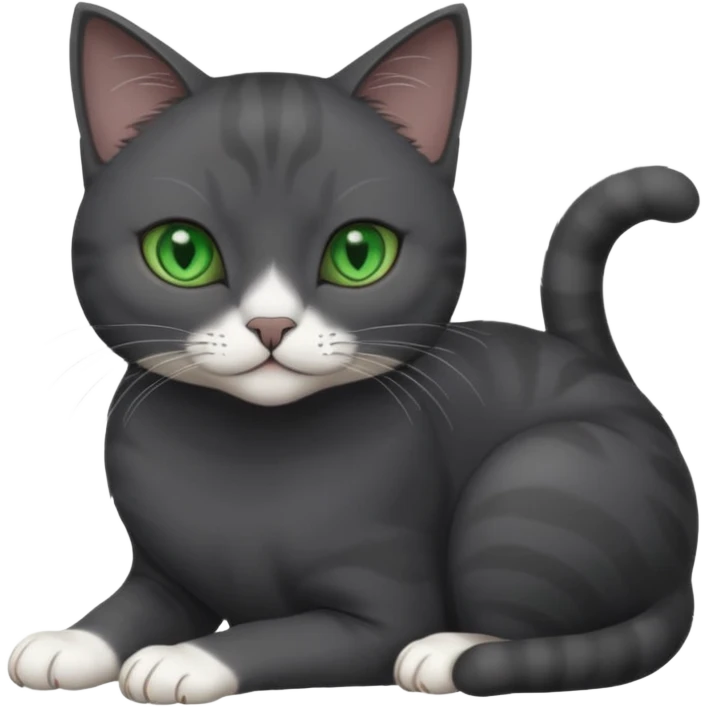 beautiful female solid dark grey cat with green eyes, white toes/paws and white patch on her chest rolling over emoji