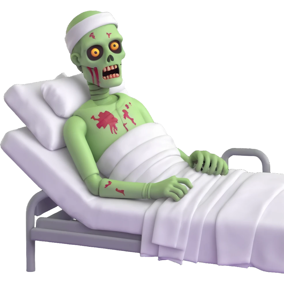 zombie patient in hospital bed with bandages emoji