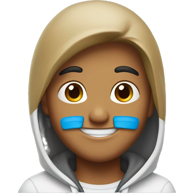 a young emoji with a friendly smile, half-body view, showing hair, wearing a hoodie with a cross logo. Lightly tanned skin emoji