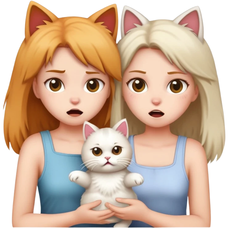 two girls arguing over holding a cat emoji