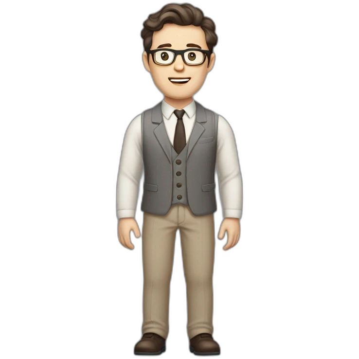 Full height Pale skinned Fit Man With dark brown hair in gray jacket, vest, tie, beige office shirt, Brown pants and vintage glasses. Thrumbs of his palms directed up emoji