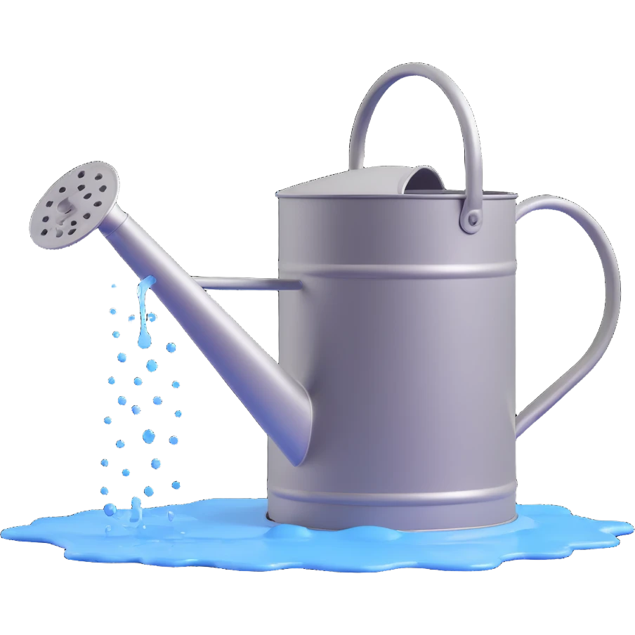 Fix the water so it comes out of the watering can's holes in a natural spray, keeping the metallic 3D emoji style. emoji