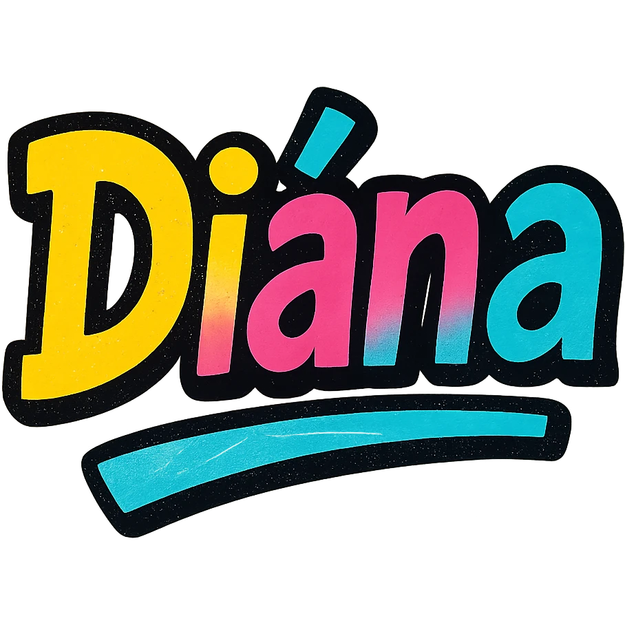 Diána name in modern colorful gradient font with dark outline, dynamic slanted or partial underline, transparent background, in the style of reference patterns emoji
