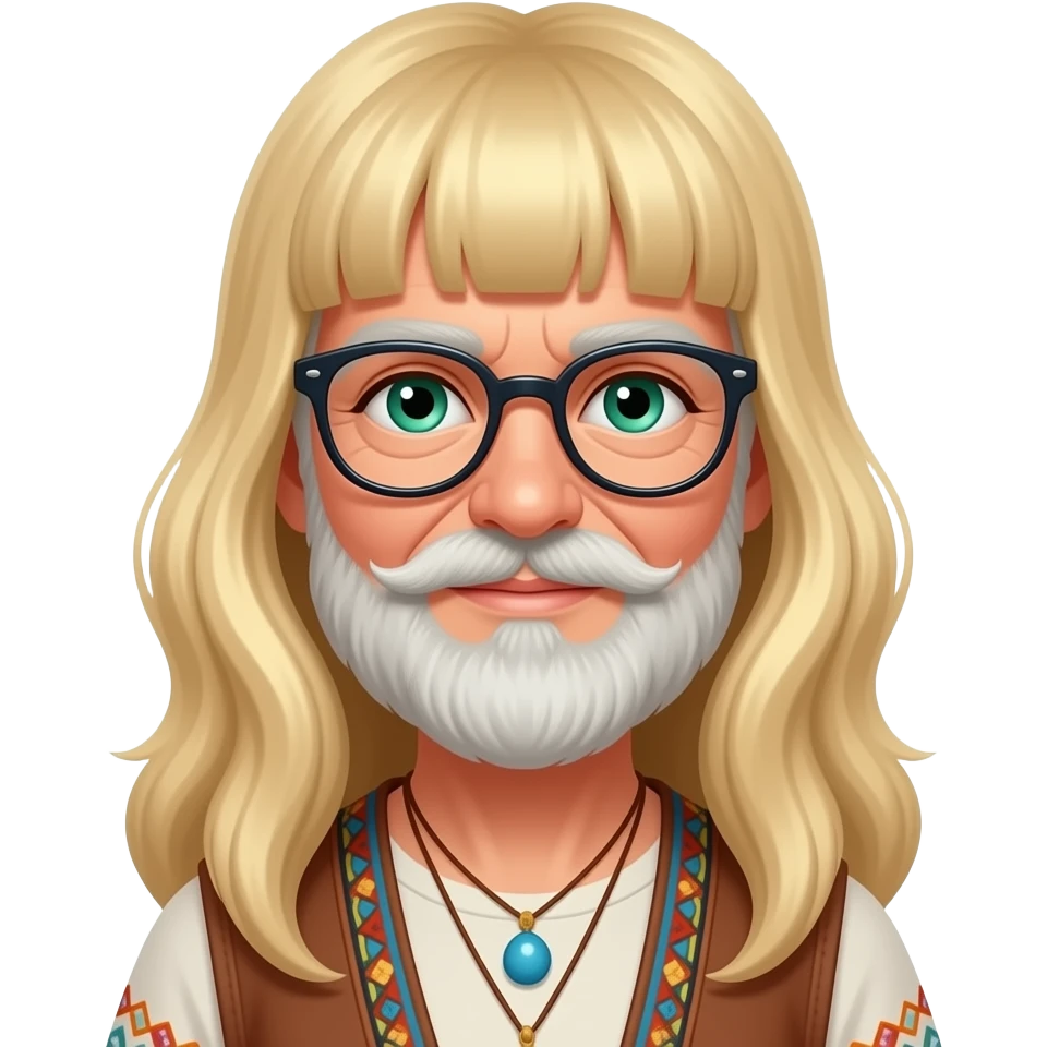 Emoji of a senior man  with blue eyes a beard mustash wearing glasses with a older  lady dressed hippie bohemian with blonde hair glasses with bangs  glasses  green eyes  dressed hippie  bohemian style emoji