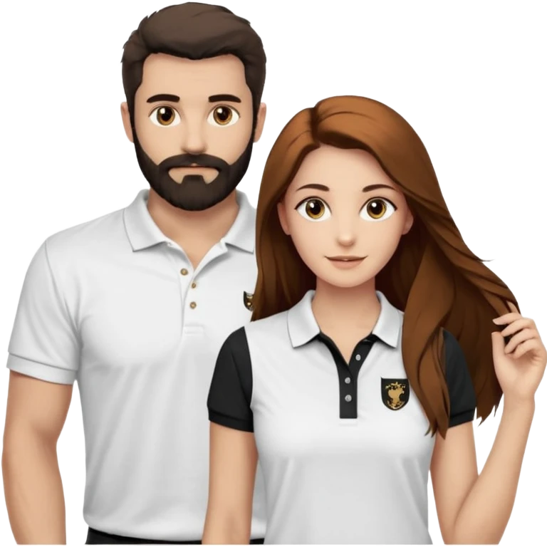 Criar Casal - Homem branco de cabelo liso e olhos marrom, com barba, expressão séria usando camiseta polo preta e mulher de pele branca cabelo cacheado marrom longo e olhos mel, usando uma regata branca, quero ela sorrindo emoji