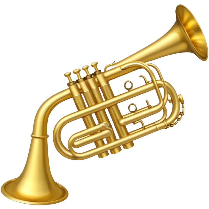 Create a sleek and polished emoji representing the Brahner trumpet. The design should feature the shiny brass body of the trumpet, with its distinct bell shape and coiled tubing. Highlight the three smooth, finger-operated valves, and the mouthpiece at the top of the instrument. The finish of the trumpet should be a rich, golden brass tone with subtle reflections, giving it a polished and professional appearance. Add musical notes or soundwaves around the bell of the trumpet to evoke its bold and brassy sound. Use golden, brass, and silver tones to emphasize the vibrant, high-quality design of the trumpet. The background should be transparent. emoji