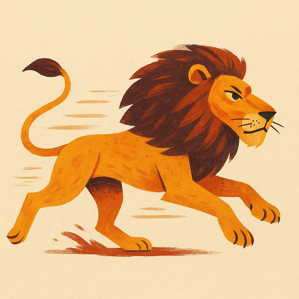 león corriendo, fondo simple, estilo diferente, ilustración creativa emoji