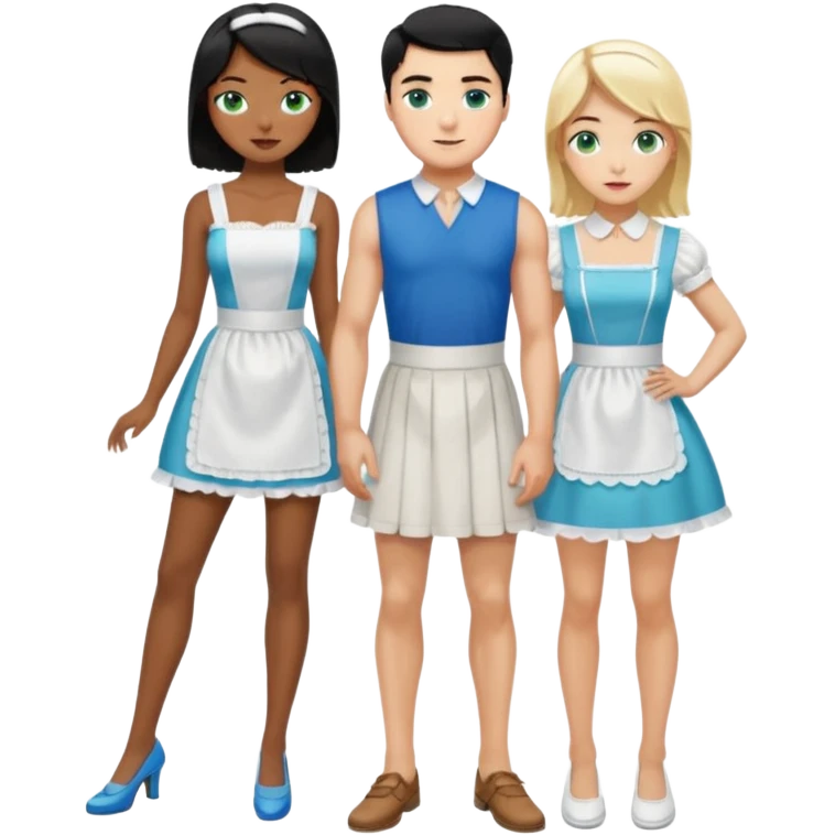 King, black hair, body, legst, blue eyes, shoes, maid blonde hair, green eyes, sexy short sleveless White dress, shoes emoji