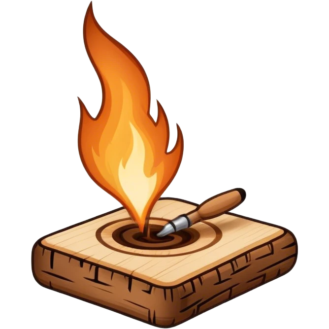 Wood burning icon, pyrography tool creating burn marks on wood, minimalistic style, clean lines, transparent background. emoji